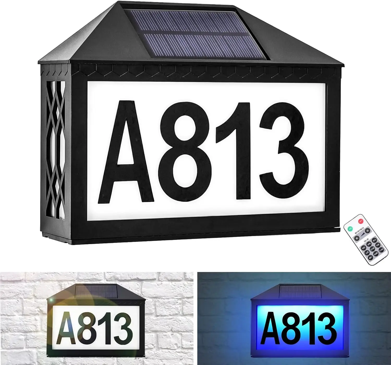 Solar Address Sign Light, Outdoor Waterproof RGB Color Changing Wall Lamp Remote Control & Light Sensor Digital LED House Number
