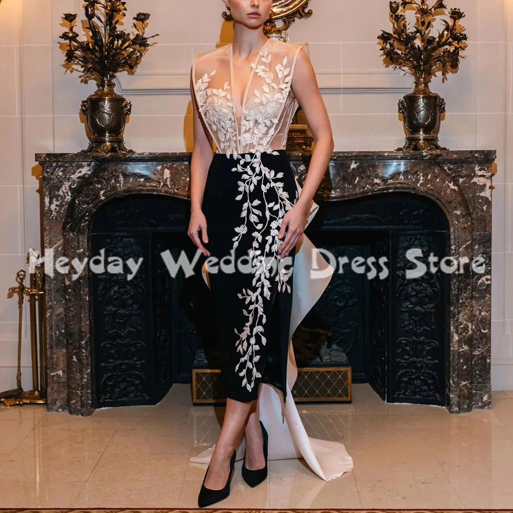 

Heyday Women's V-neck Straight Applique Split Evening Dresses With Sleeveless Tea-Length Formal Elegant Party Dresses 2025