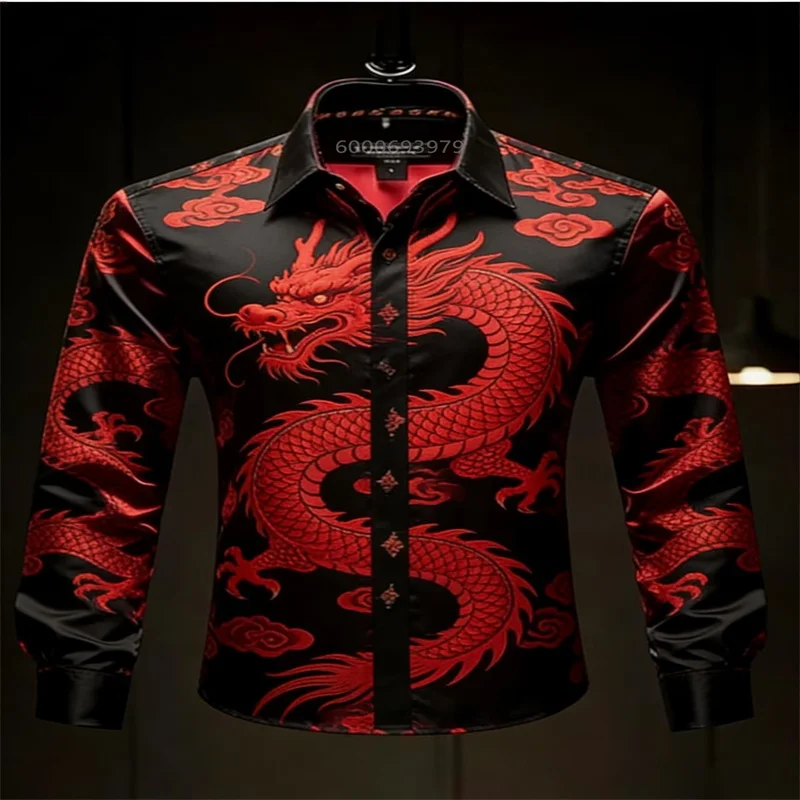 Men's Satin Long-Sleeved Shirt, Black with Red Chinese Dragon and Cloud Print, a Luxurious Formal Party Shirt for Men.