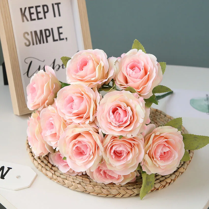 

Artificial 12 Head Rose Bouquet Silk Flower Decoration Home Bridal Hand Holding Bouquet Wedding Table Decor Roses Fake Flowers