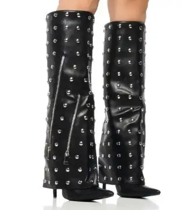 

Luxury Women Full Rivets Pointed Toe 10 12 CM Thin Heels Tube Slip On Knee High Pants Boots Female Double Zipper Long Botas