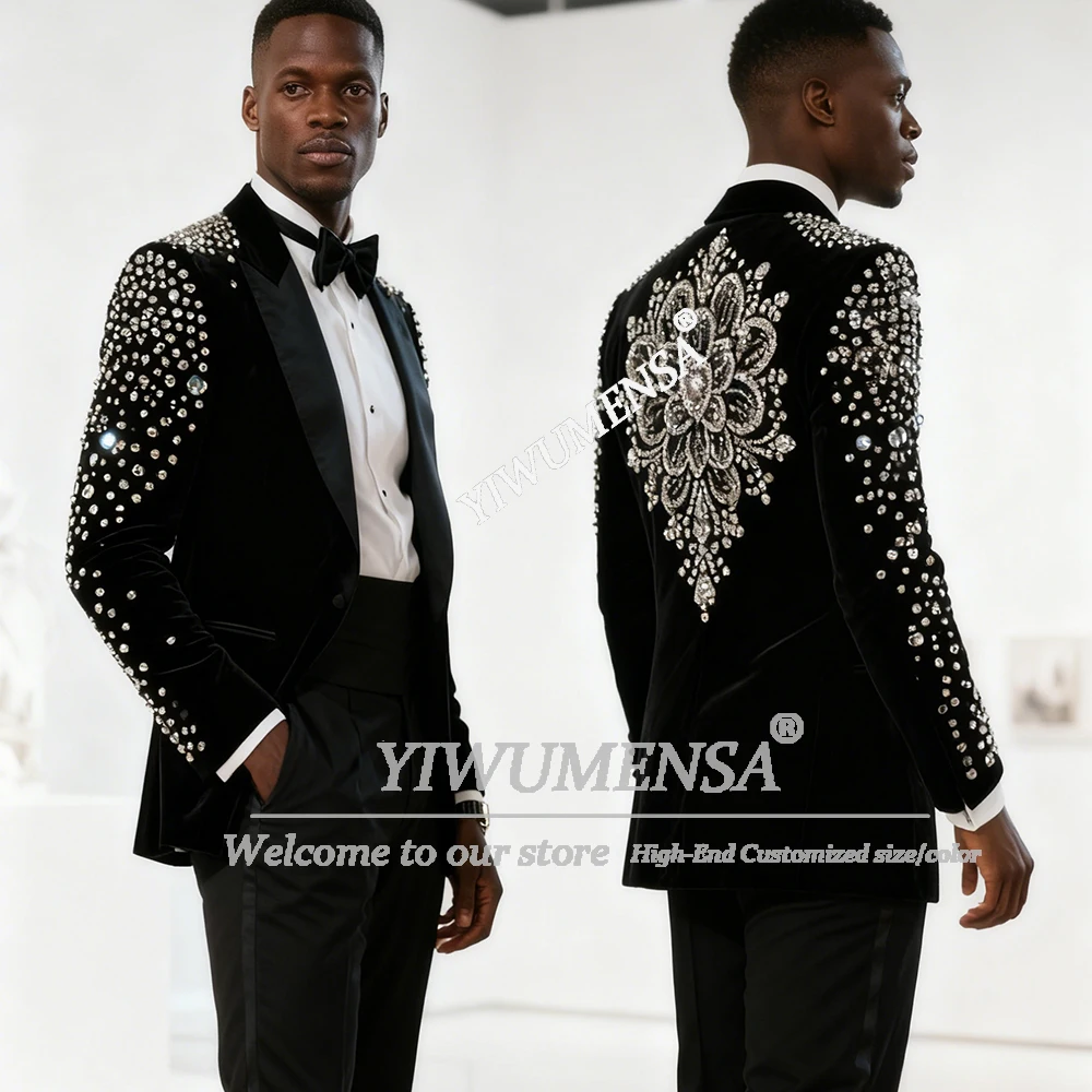 

Sparkling Beads Stones Suits Men 2 Pieces Sets Single Breasted Velvet Prom Blazers Customized Wedding Groom Tuxedos Outfits 2025