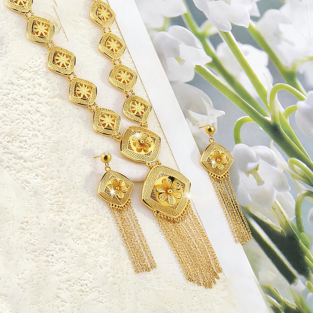 

Dubai Long Necklace Drop Earrings Set African Luxury Women Tassel Design Jewelry Gold Color Necklace Earring Jewelry Daily Party