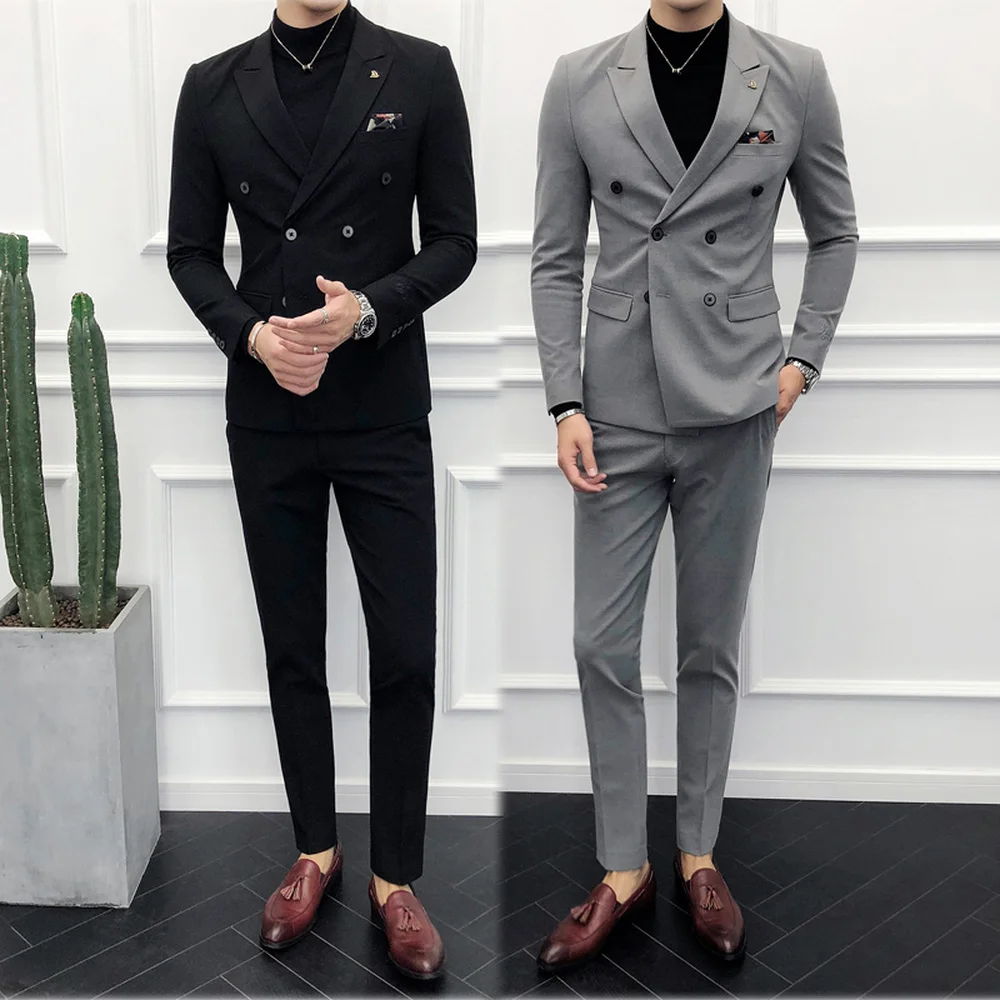 

Men's Suit Double Breasted Peaked Lapel Black Beige Grey 2 Pcs (Blazer+pants) Wedding Slim Fit Formal Business 2024 Ropa Hombre