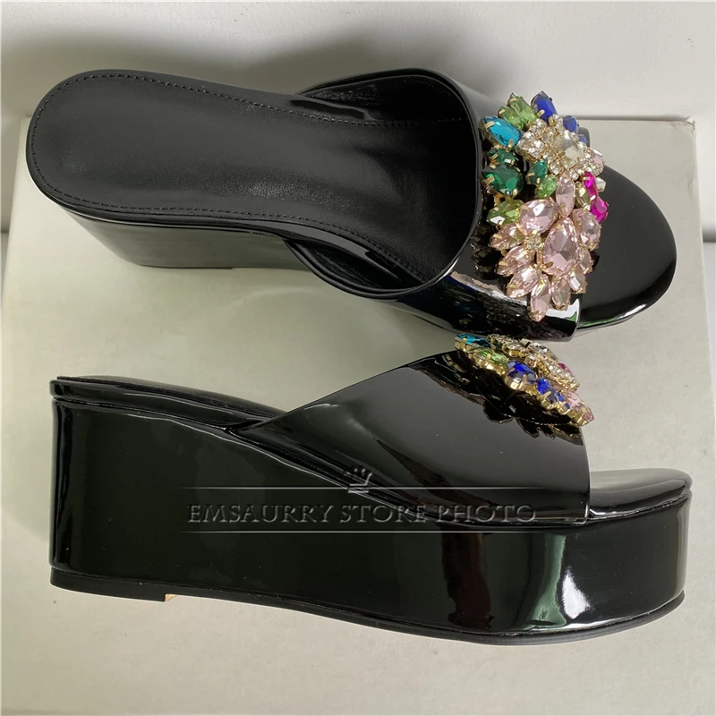 Colorful Rhinestone Flower Buckle Decor Sandals Women High Platform Wedges Luxury Patent Leather Slingbacks Mules Summer