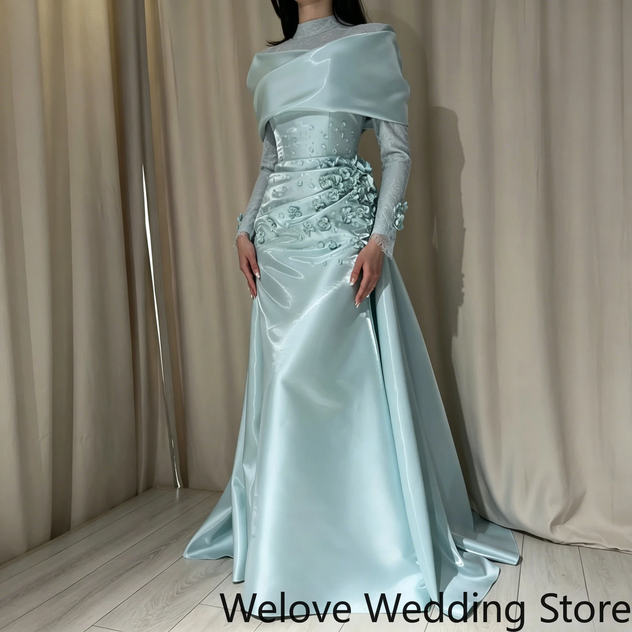 Light Blue Formal Evening Dress with Off‑Shoulder Draped Collar, High‑Neck Lace Long Sleeves, Hand‑Sewn 3D Floral Appliqués