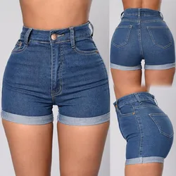 Pantalones cortos vaqueros de cintura alta para Mujer, Shorts informales y sexys, color azul oscuro, 2022