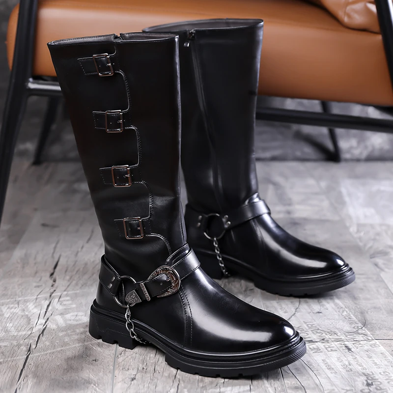 Large Size Mens Fashion Stage Nightclub High Motorcycle Boots Black Brown Genuine Leather Shoes Cowboy Long Boot Western Botas
