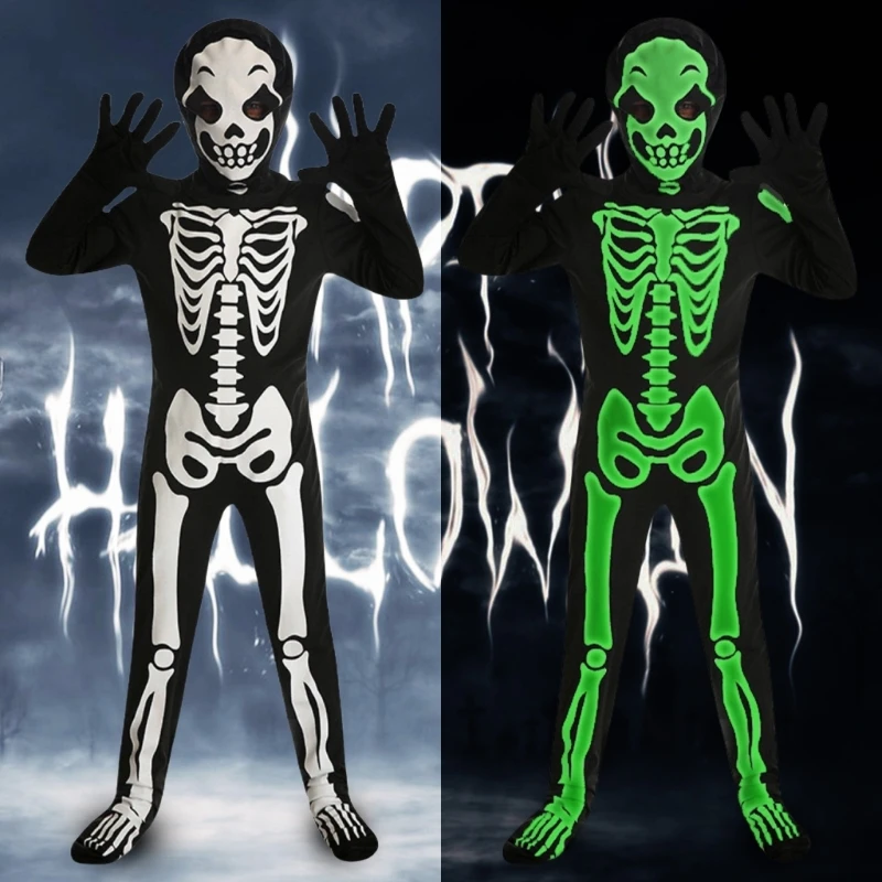 95AB Glowing Skeleton Jumpsuit เด็ก Death Dress up เครื่องแต่งกายฮาโลวีนโครงกระดูกเครื่องแต่งกายสำหรับเด็ก Boy Girl Halloween up