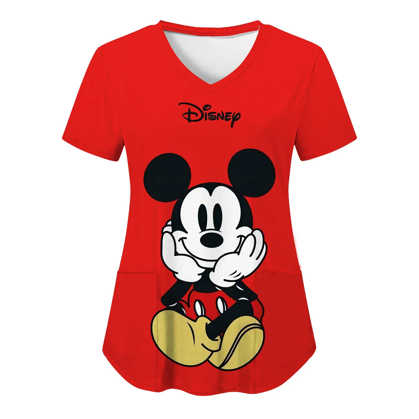 Pocket Miniso Mickey Nurse Uniform Top Women 2024 V Neck Tops Disney Woman Clothes Hospital T-shirt Minnie Mouse Summer Tees