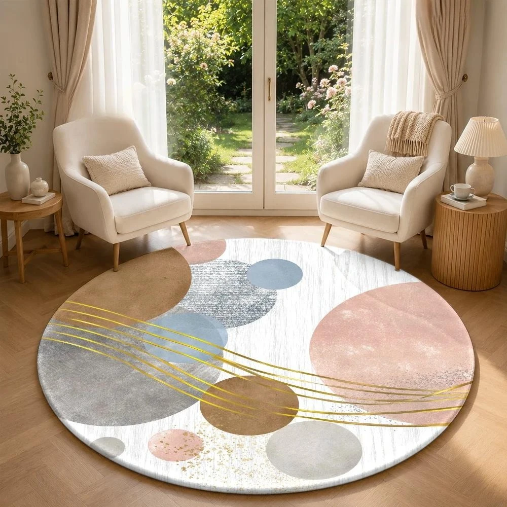 Modern Geometric Color Block Round Rug Abstract Blue Red Yellow Grid Oil Painting Circular Mat Non Slip Living Room Decor Carpet