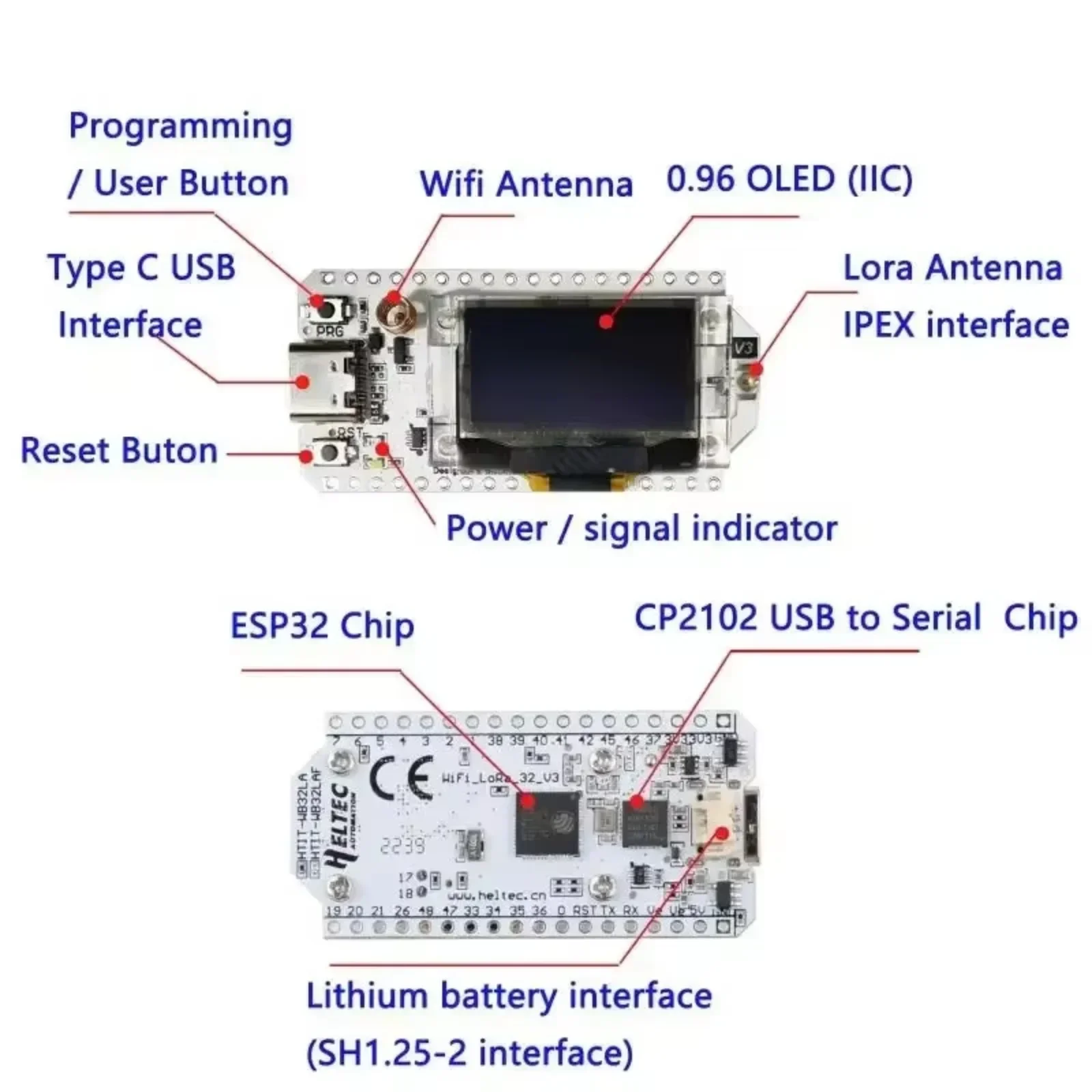 Placa de desenvolvimento de nó Heltec LoRa32 V3 com antena SX1262 ESP32-S3 WiFi BLE 5DBi para IoT/Meshtastic