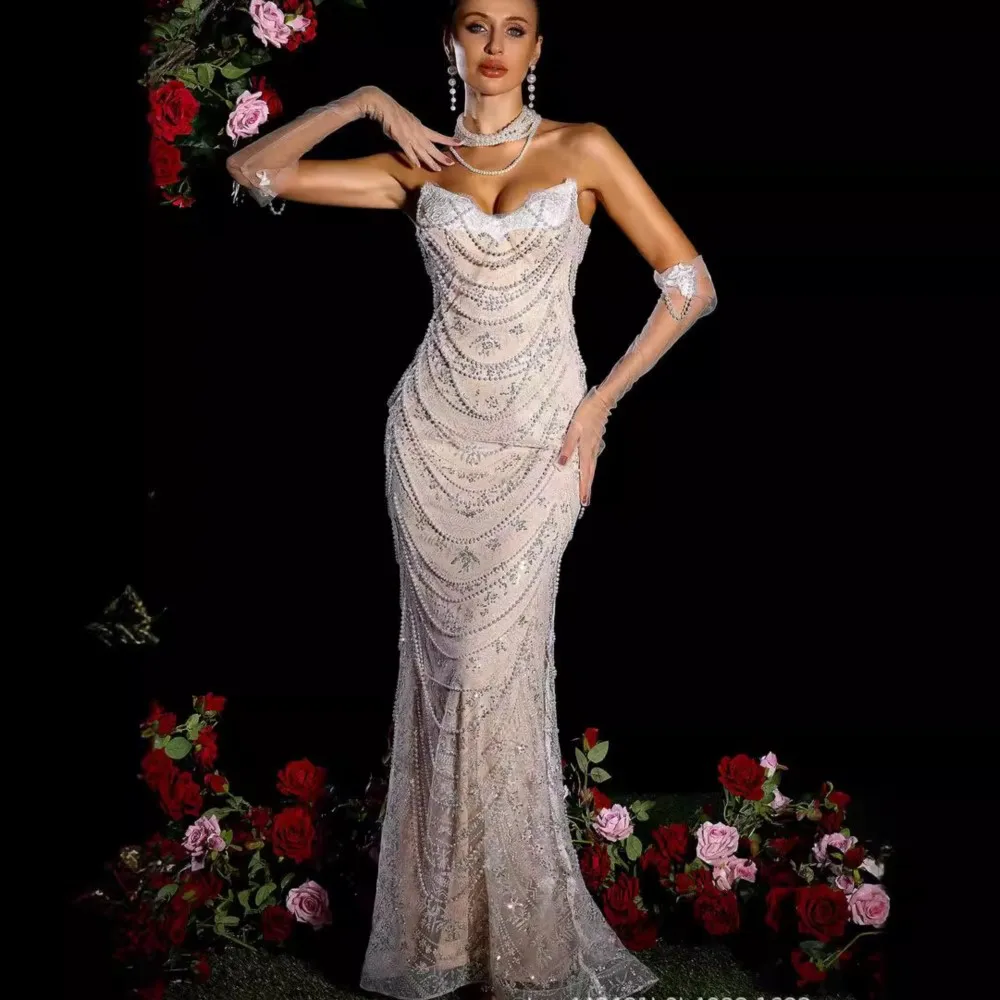 

White Yarn Gloves Luxury Pearl Tube Top Dress High-End Wedding the Dinner Party Dress