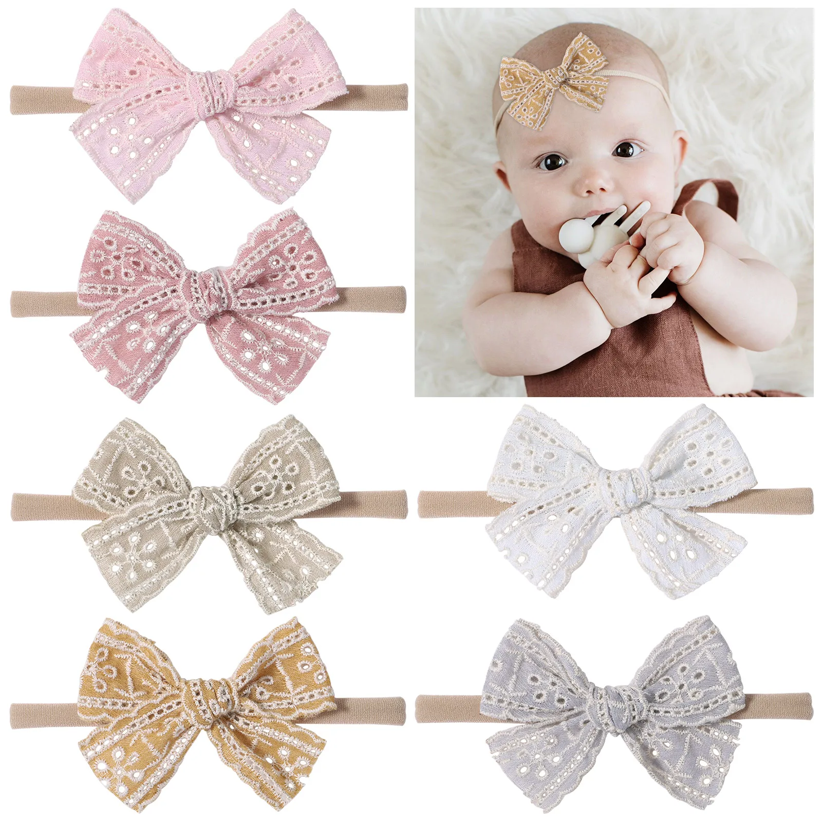 30pc/lot 3.3Inch Lace Hair Bow Nylon Headband Baby Bow Hairpins Kid Hair Clips Girls Lace Embroidery Hair Bow Nylon Headband