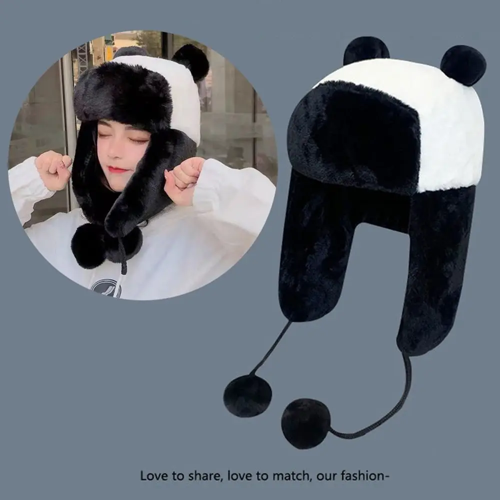 Versatile Faux Fur Warm Hat Panda Style Cold-proof Earflap Hat Ear Protection Plus Velvet Pilot Cap Cycling Activity