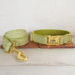 Personalized Dog Collar with Free Engraving, Matching Pet Leash,Customzied Contacts Metal Buckle, Green Pine Pet Collar