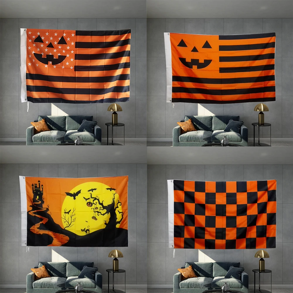 Happy Halloween USA Smile Flag Night Trick or Treat Orange and Black Checkered 3X5FT 150X90CM Banner Brass Metal Holes Material