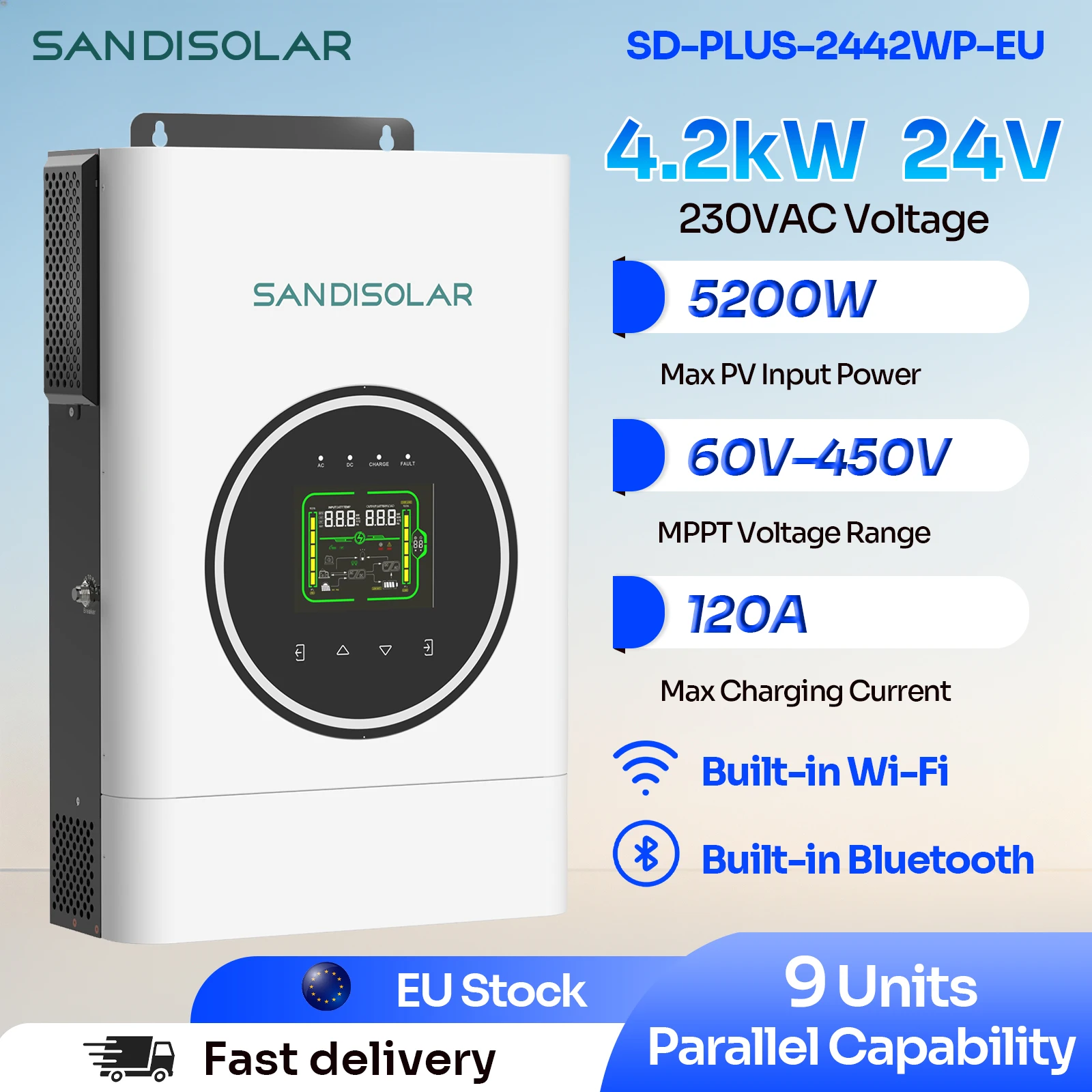 SANDISOLAR 4200W Inwerter Solarny z Funkcją Ładowania 24V, Inwerter Hybrydowy 500V Wysokiego Napięcia MPPT z Podwójnym Wyjściem do Domowego Zasilania Awaryjnego