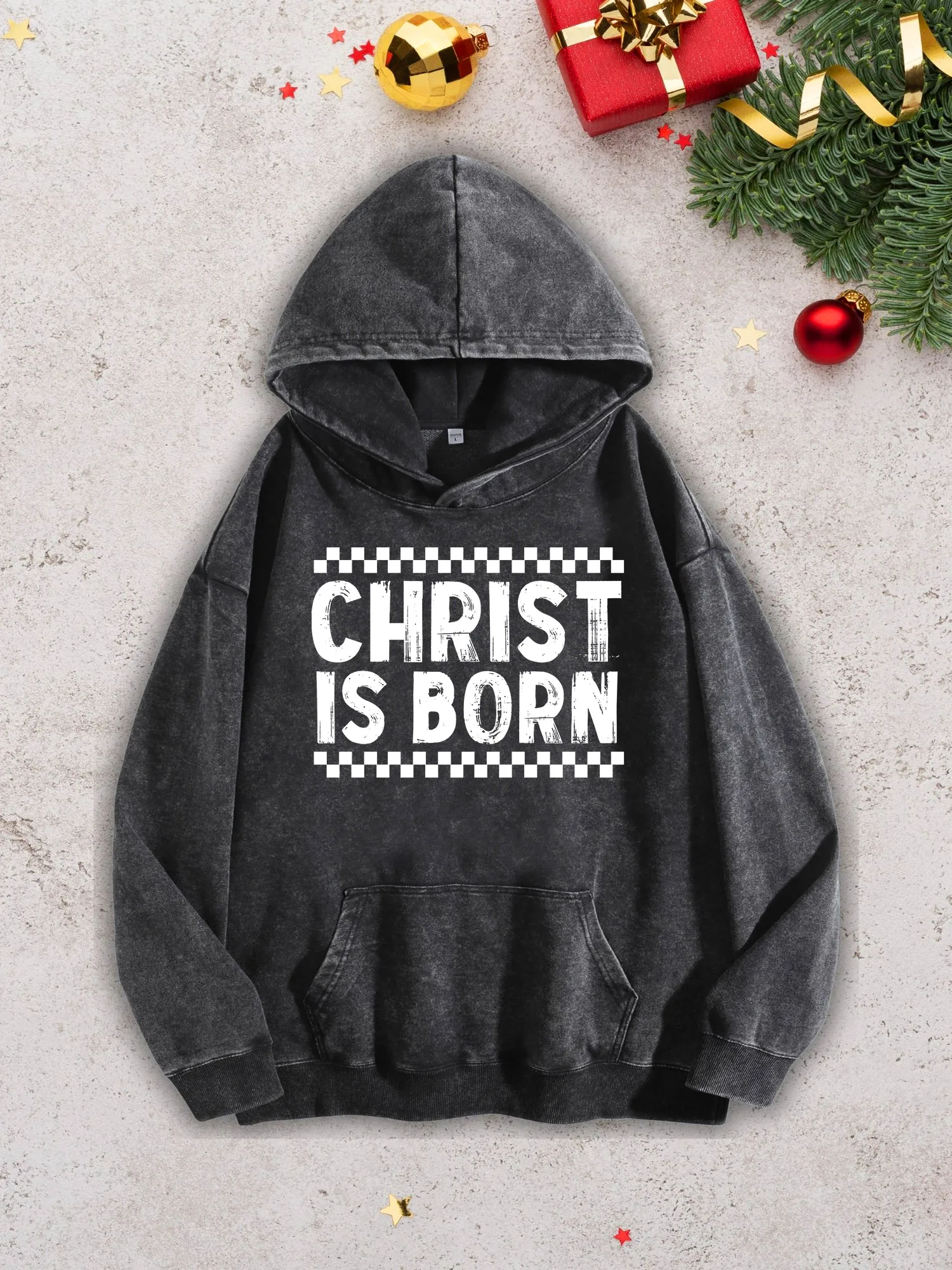

Christ Is Born Men's Heavyweight Hoodie - Acid Wash Retro Black Pullover, Fall & Winter Sweatshirt 400Gsm