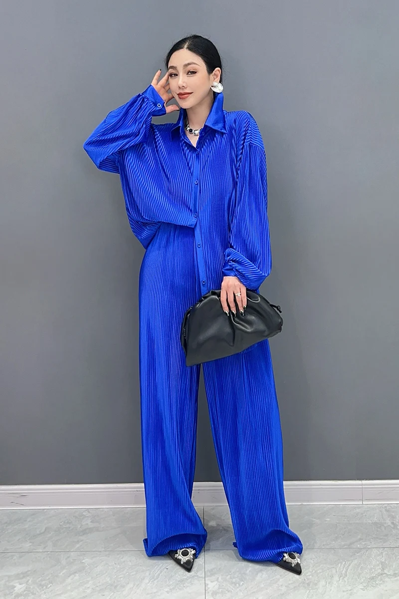 2024 Autumn New Elegant Loose Women Folds Set Long Sleeve Shirts Wide Leg Pants Fashion Two piece Set J398