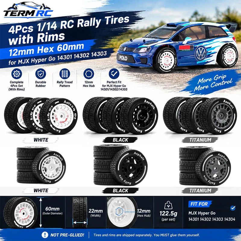 4Pcs 1/14 RC Rally Tires with Rims 12mm Hex 60mm for MJX Hyper Go 14301 14302 14303