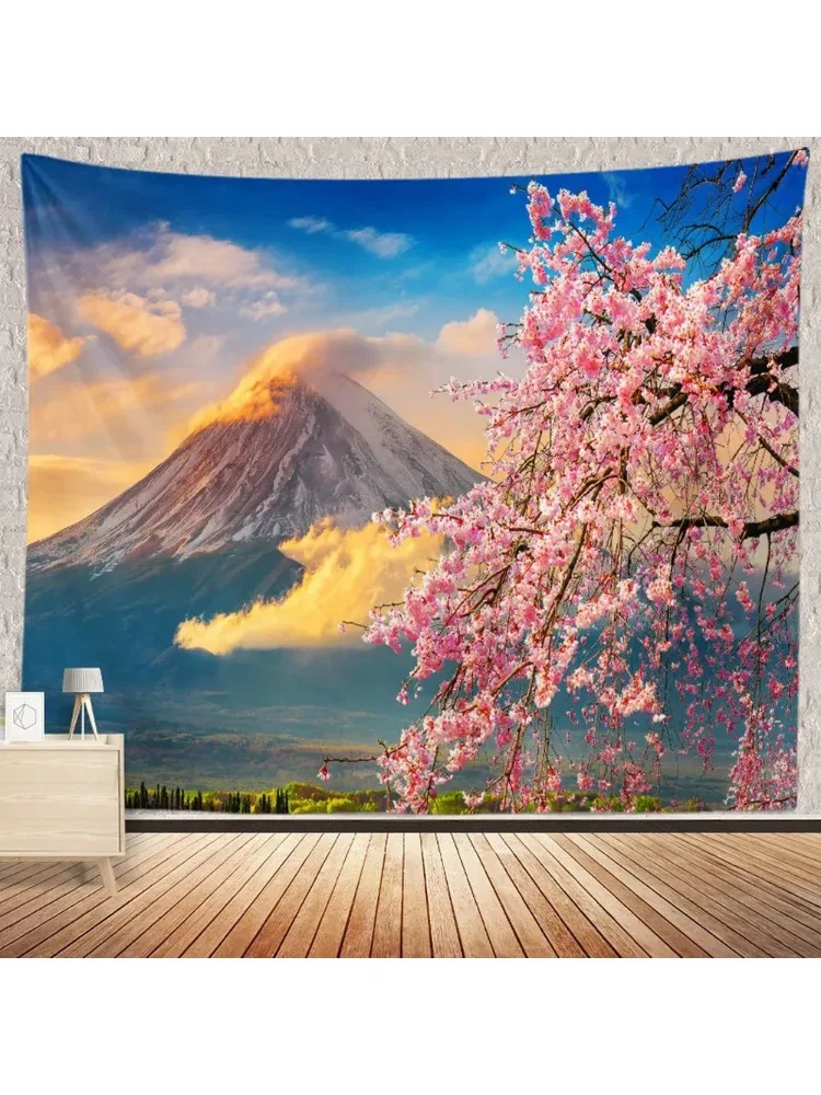 Mount Fuji Cherry Blossom Tapestry, Japan Spring Scenery Wall Hanging for Bedroom Living Room Decor, Nature Landscape Art Gift