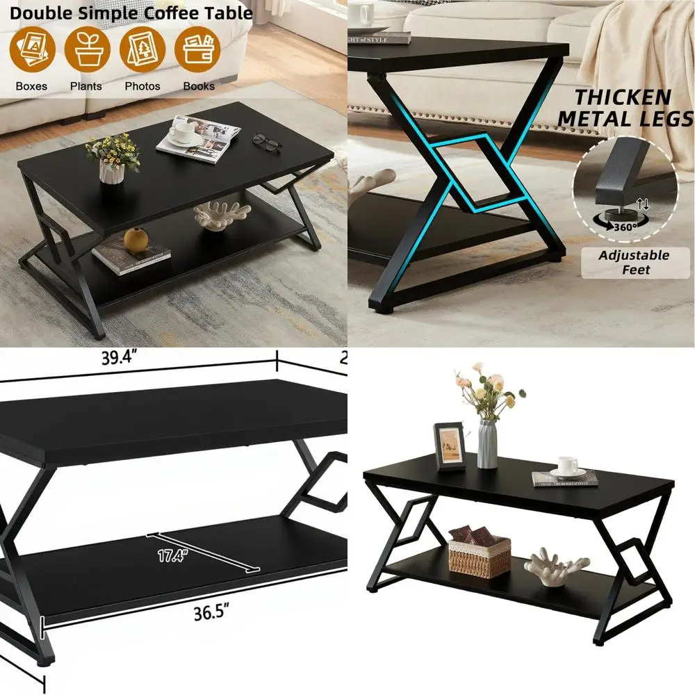 طاولة قهوة مستطيلة ريفية بطبقتين مع أرفف مفتوحة، 39 بوصة، أسود لغرفة المعيشة #1