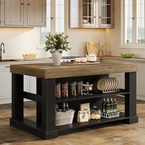 

Kitchen Island with 3 Shelves, 55 Inches Width Kitchen Shelf with Large Worktop, Stable Wooden Structure, Farmhouse