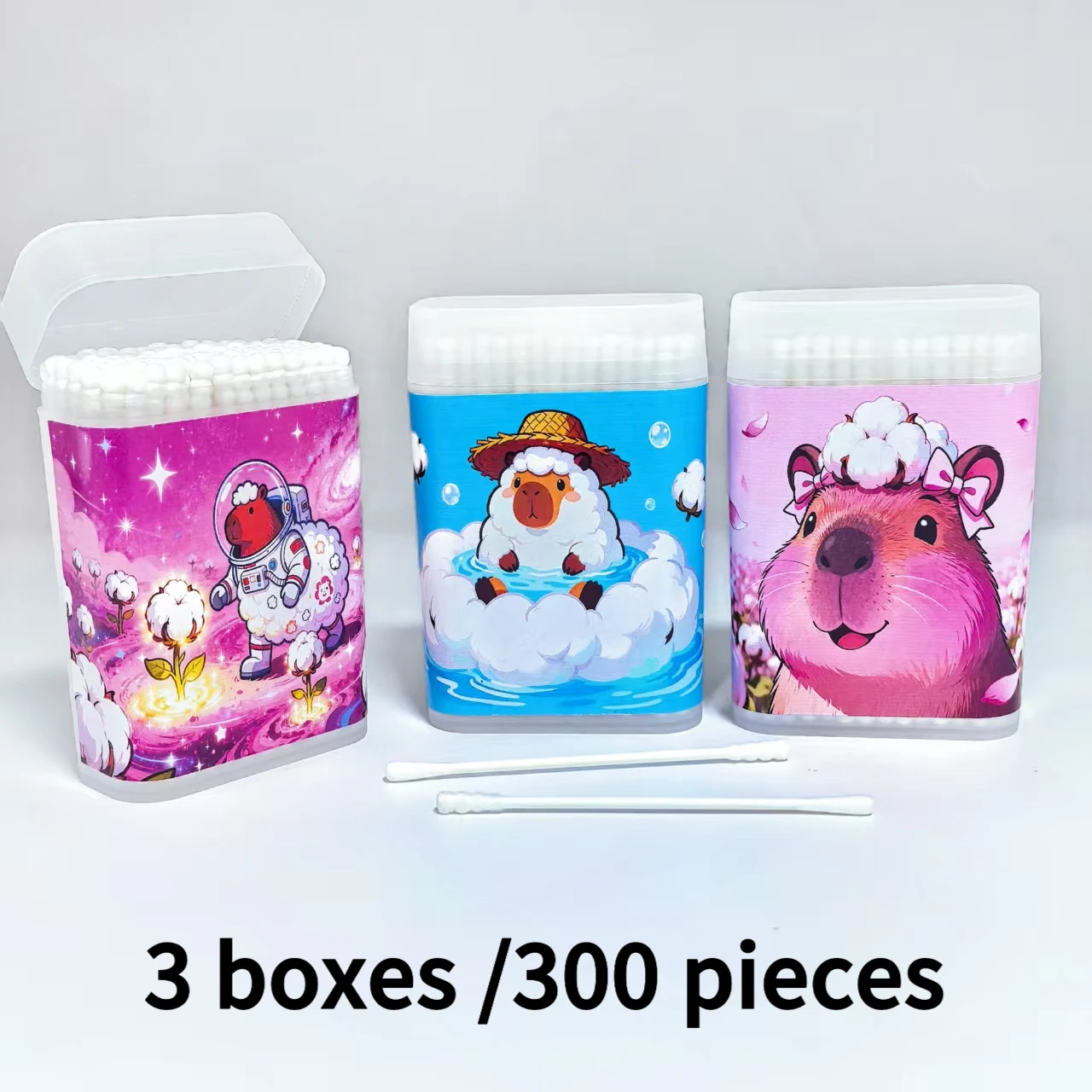 300pcs creative cotton capybara-shaped cotton swabs, round screw, fine shaft, double-headed cotton swabs