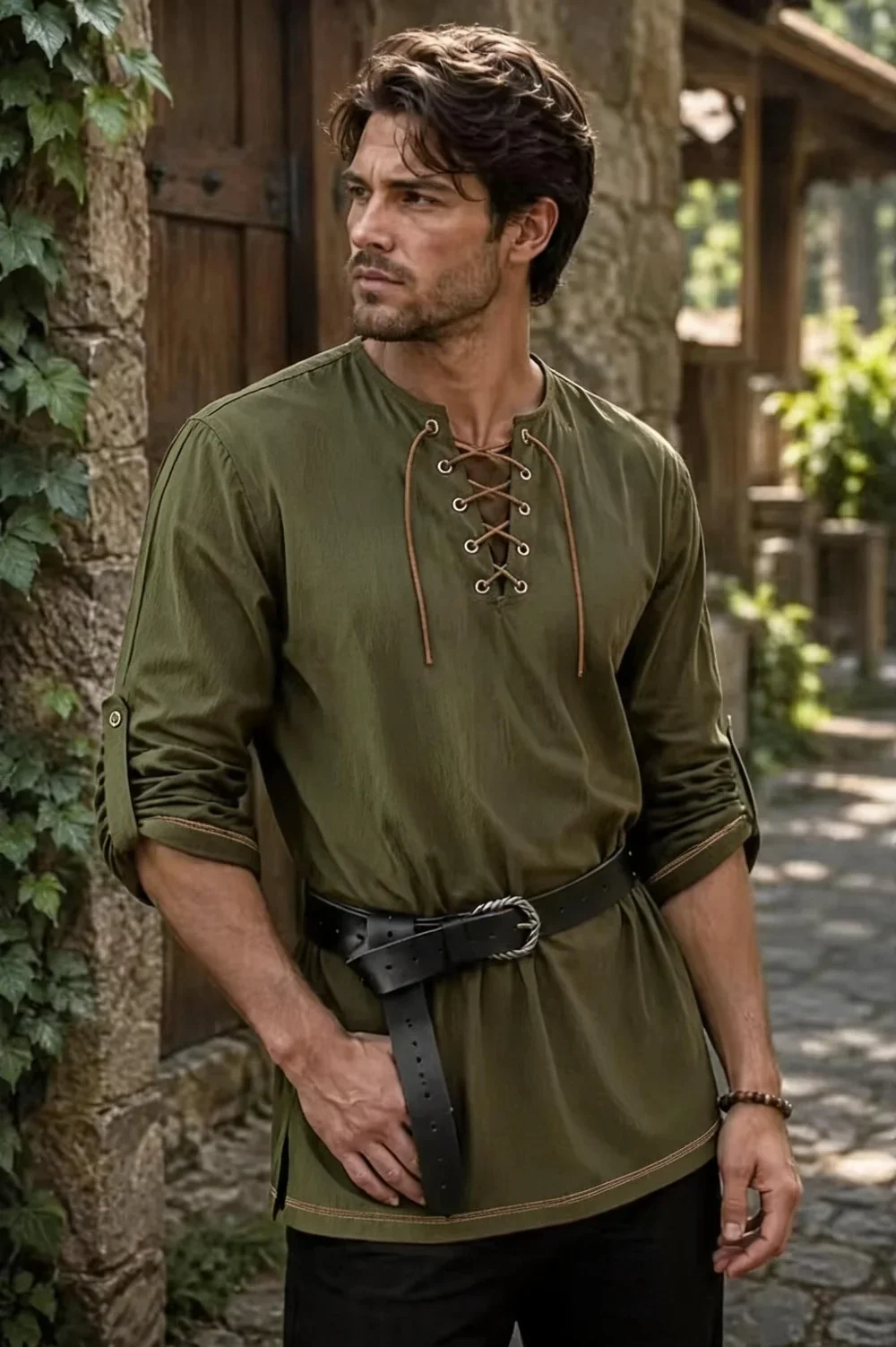Men Medieval Lace‑Up Stand Collar Long Sleeve Tunic Shirt Renaissance Viking Halloween LARP Cosplay Retro Gothic Tops