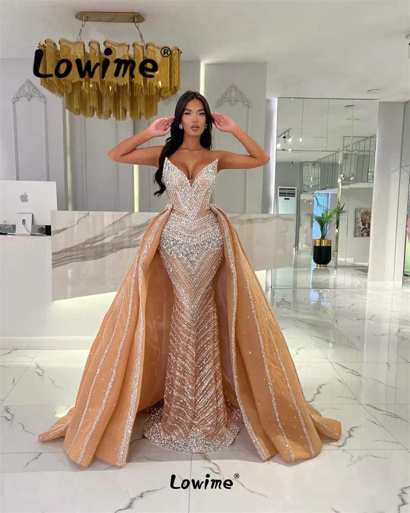 Lowime 2 In 1 Dark Champagne Arabic Evening Dresses 2024 Aso Ebi Crystals Luxury Mermaid Celebrity Dress Prom Gowns Party Dress