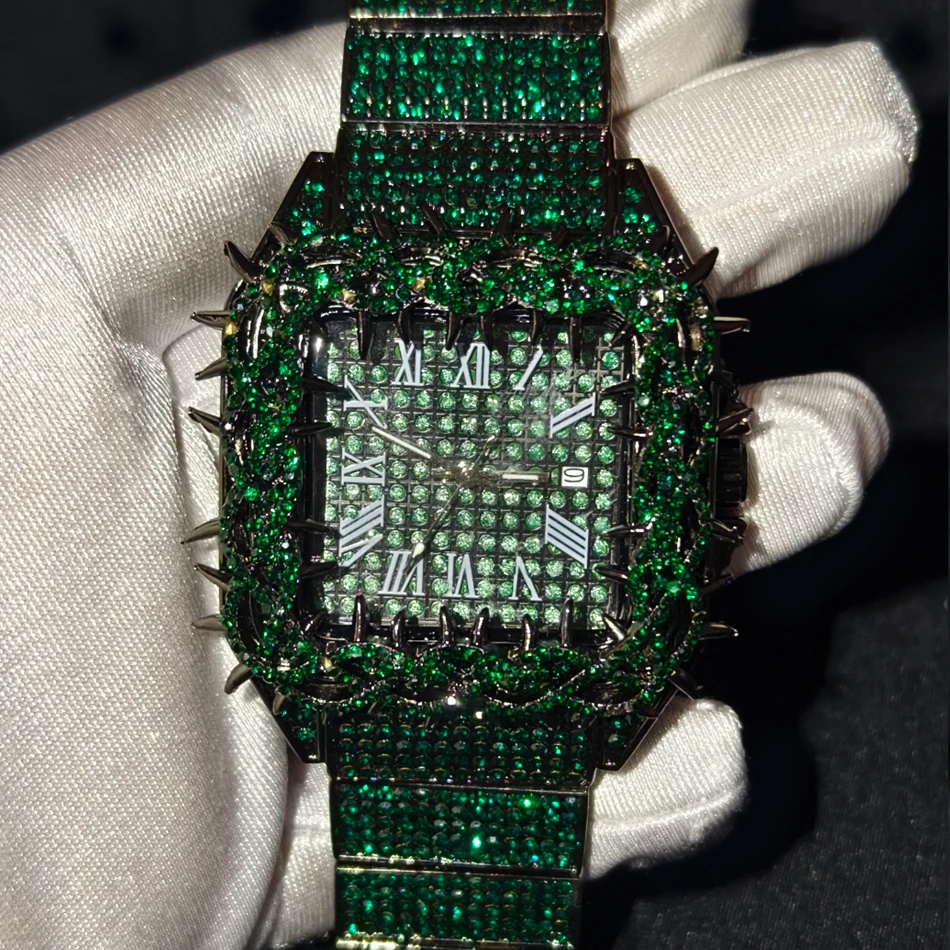 

Роскошные мужские часы в стиле хип-хоп с бриллиантами и изумрудами, реплика, инкрустированные чешскими камнями, водонепроницаемые, золотые часы.