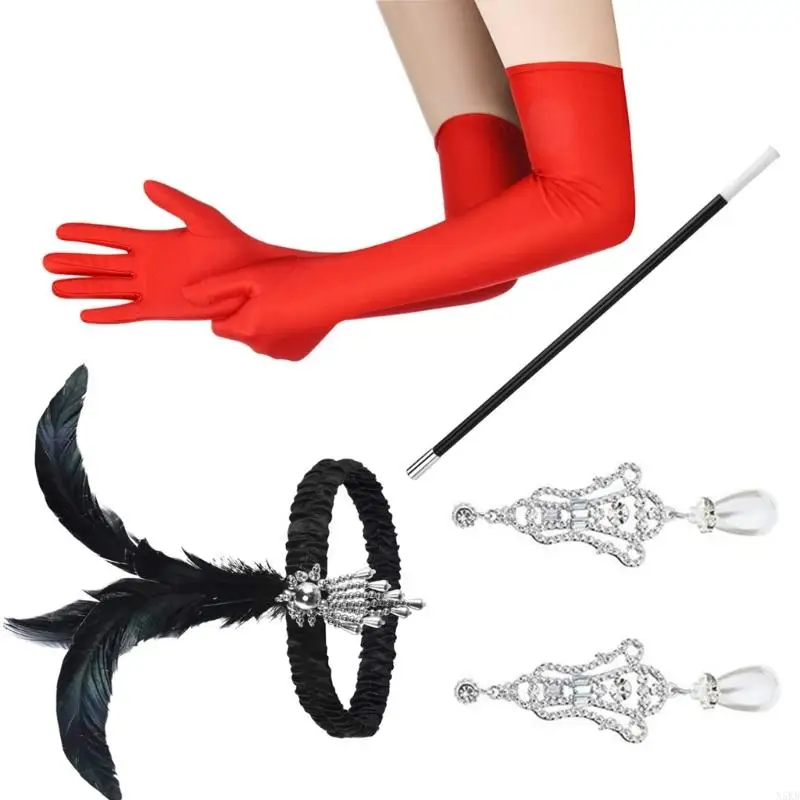 N5KB 1920 年代の女性フラッパー アクセサリー ギャツビー パーティー コスチューム フェザー ヘッドバンド イヤリング