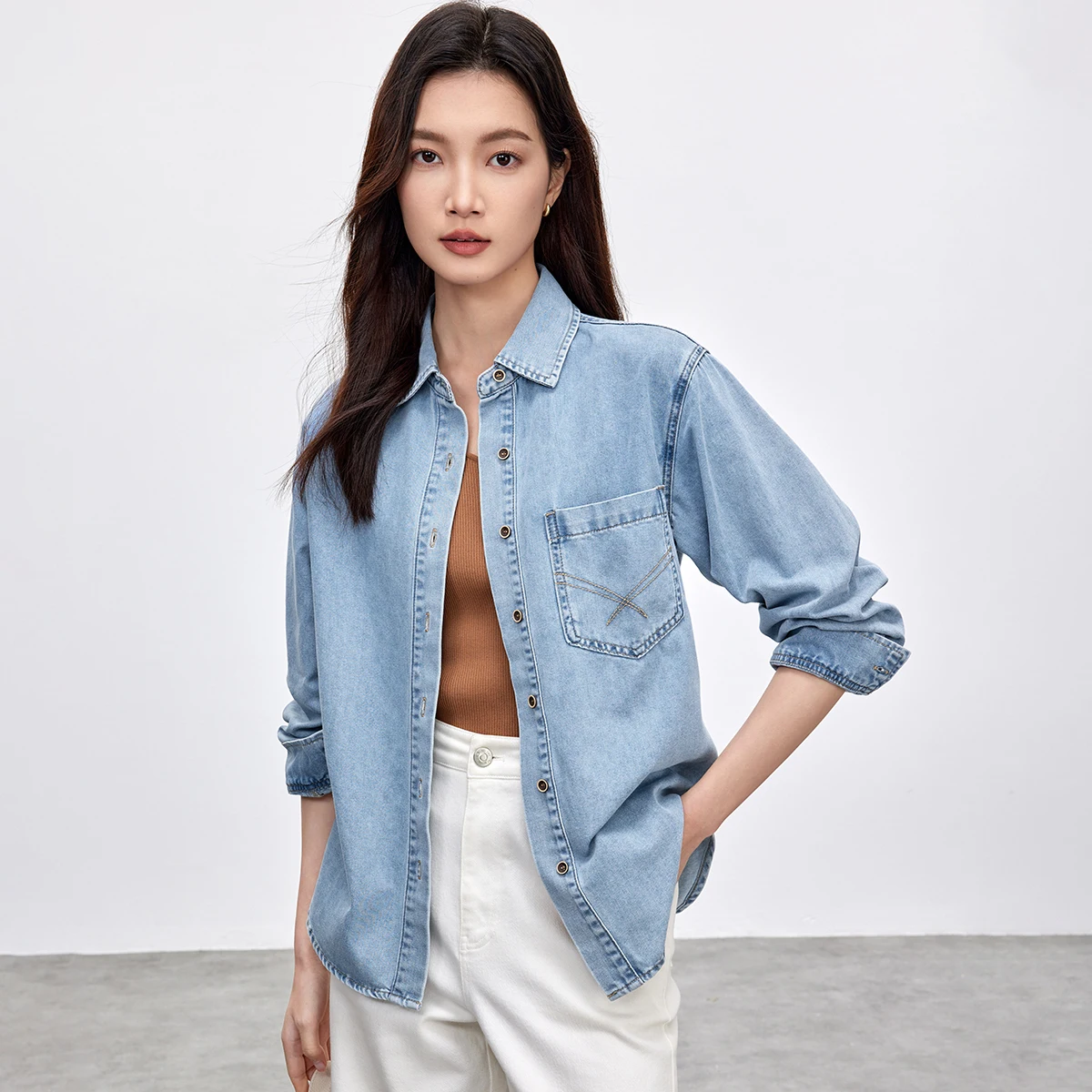 SENTUBILA Denim Jacket Casual Loose Fit Polo New in Jackets Women Vintage Autumn 2025 Pocket Long Sleeve Female Tops W51W58819