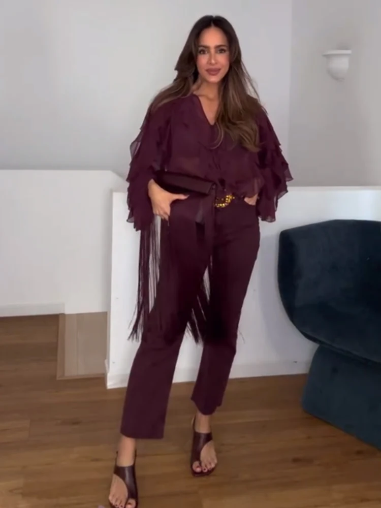 Camicie con volant in rete bordeaux per donna Elegante manica lunga trasparente Top larghi 2025 Nuovo abbigliamento da festa femminile High Street