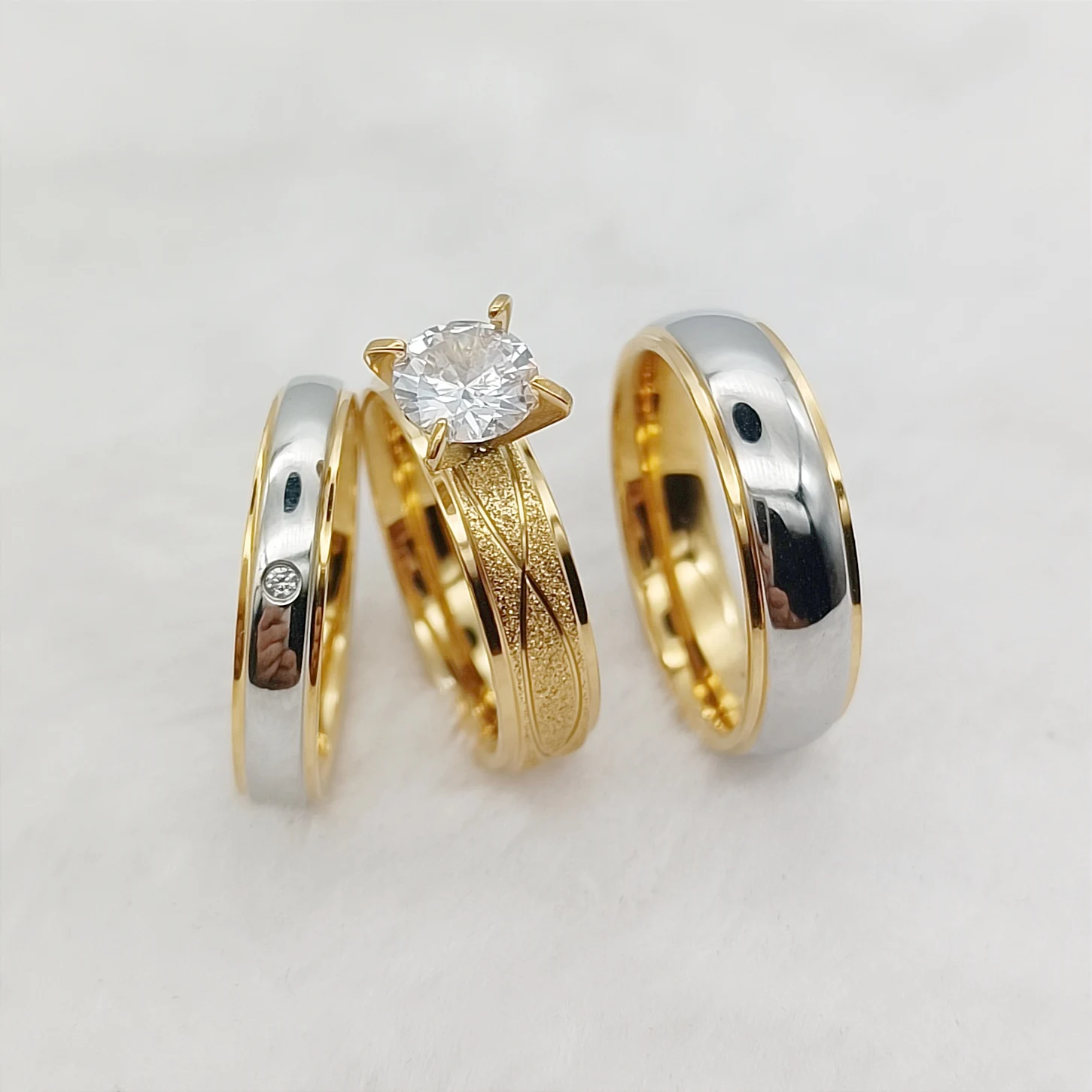 3pcs Wedding Engagement Rings Bridal Sets Lovers Spouse Partner Gold Plated Stainless Steel Jewelry bague de fiancailles