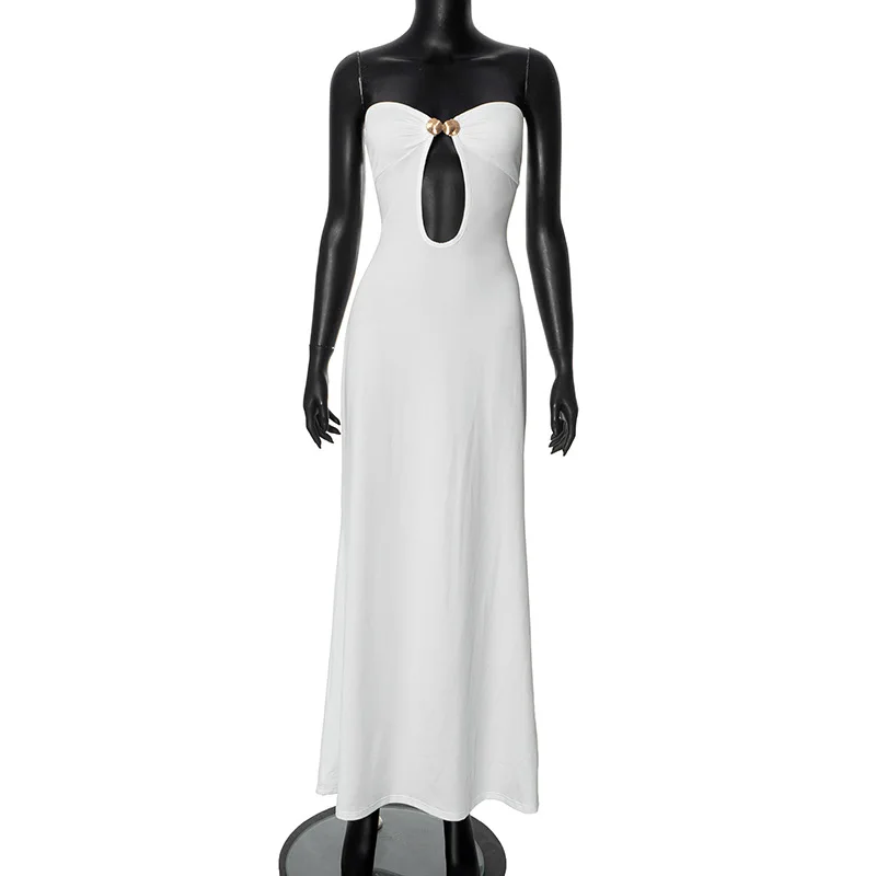 Metal Shell Buckle Strapless White Bodycon Maxi Dress Women Summer Hollow Out Backless Slim Evening Party Long Robe Clubwear