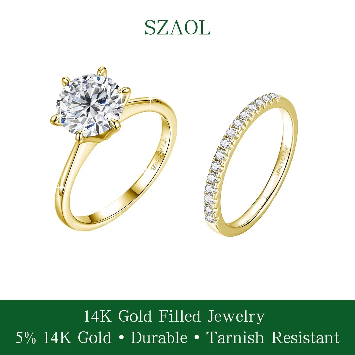 14k Gold Filled Solitaire Engagement Wedding Rings 3 Carat Round Cut Moissanite Ring Bridal Set Stackable Eternity Bands for Her