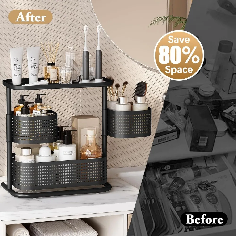 Draaibare opbergkast met 3 niveaus, badkamertellerorganizer met antislipvoet, zwart