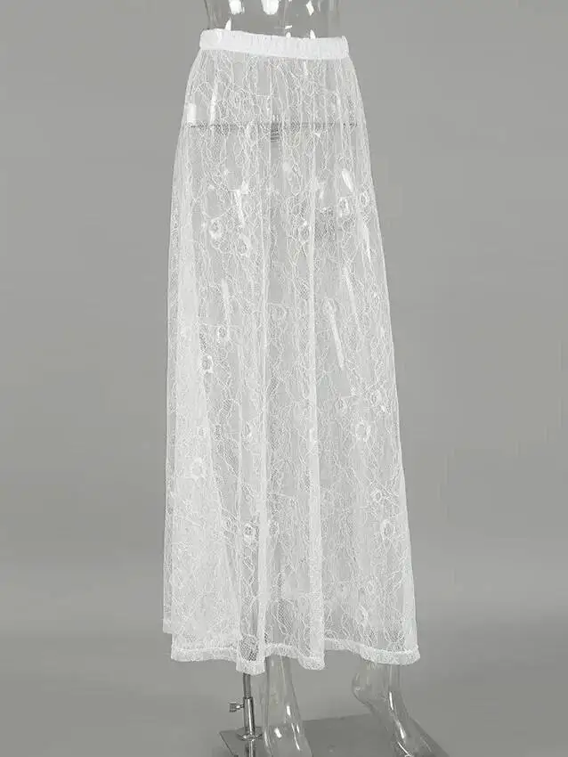 Sexy Perspective Lace Skirts Mid Length Fashion 2025 Autumn Hollow Out Bottom A-Line Skirt Temperament Women Clothing Mesh 0LB8
