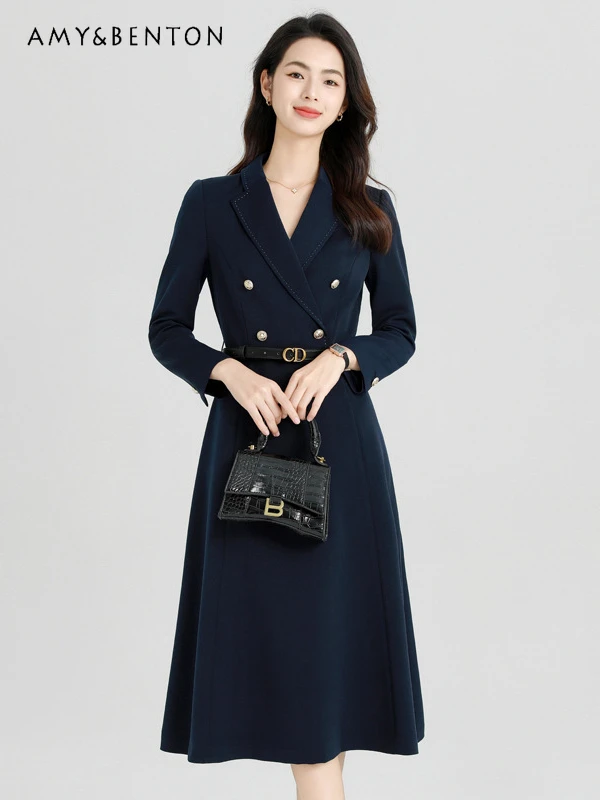 

High End Double-breasted Professional Suit Dress Commuter Style Graceful Ladies A-line Dresses Mid-calf Slim Dress for Women