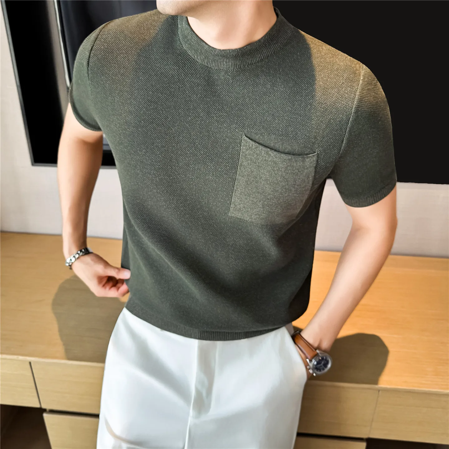 

Men's Pocket Detail Knit T-shirt, Crew Neck Breathable Mesh Knit Short Sleeve Top for Smart Casual Summer Daily Wear