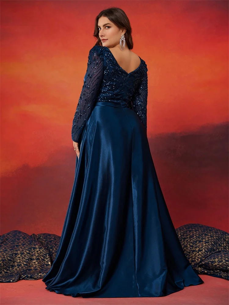 Lucyinlove Plus Size V-neck Satin Patchwork Sequin Formal Evening Dress Women Long Sleeve Pleats V-neck Wedding Party Guest Gown