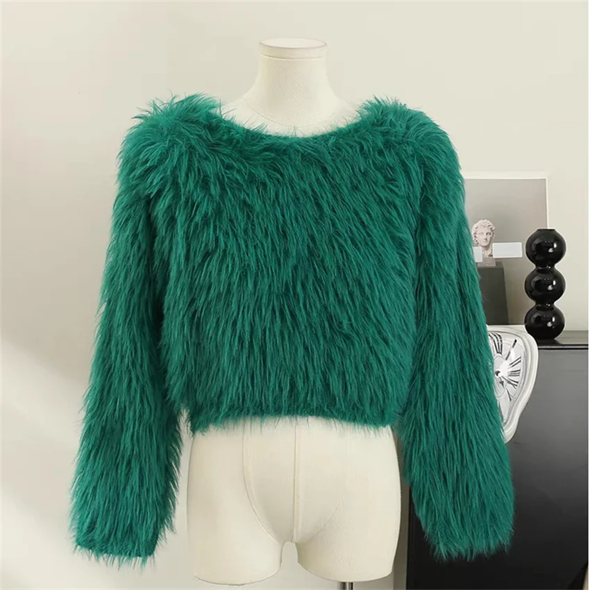 2024 Autumn Winter Women Short Blouse Girl Loose Plush Shirt Long Sleeve O-neck Blousas Knitted Tops Pullovers Bottomings 2285