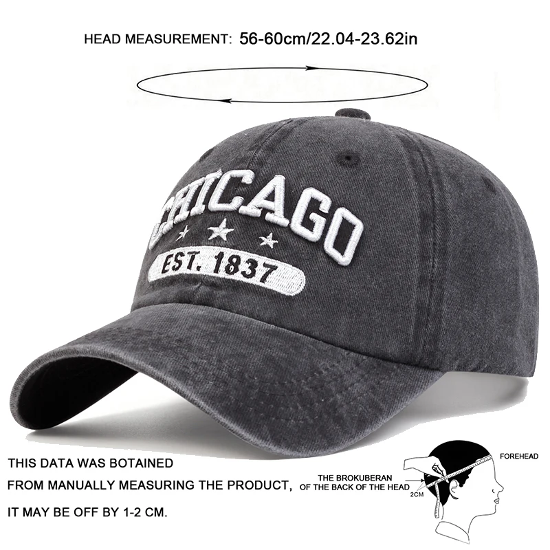 Unisex CHICAGO Brief Stickerei Waschen Baseball Caps Frühling und Herbst Outdoor Einstellbare Casual Hüte Sonnenschutz Hut Sport Kappe – Detail 4