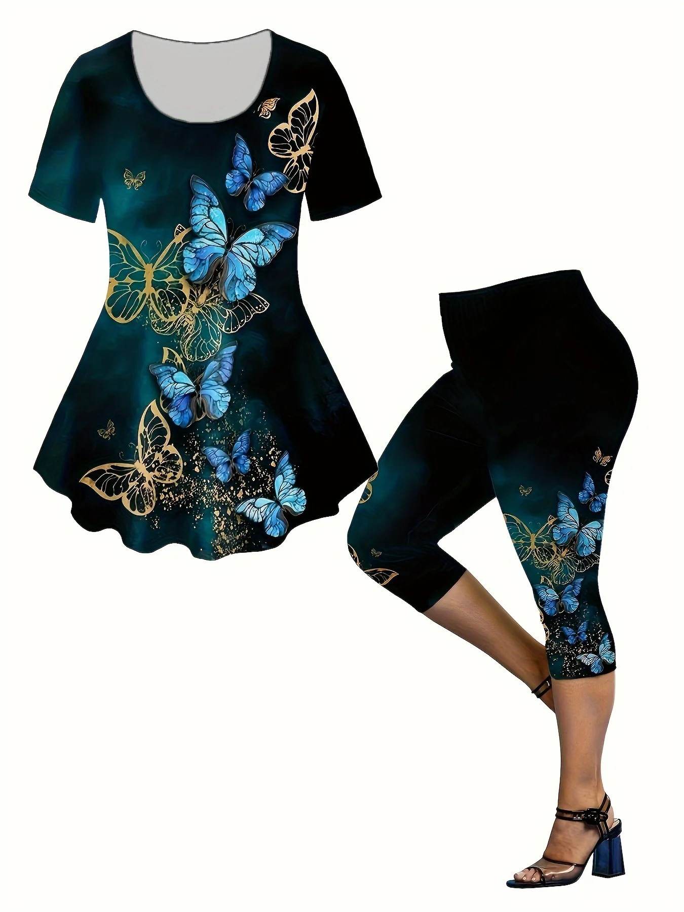 A two-piece set of casual and fashionable butterfly print pullover T-shirt and capri pants for Spring/Summer 2026