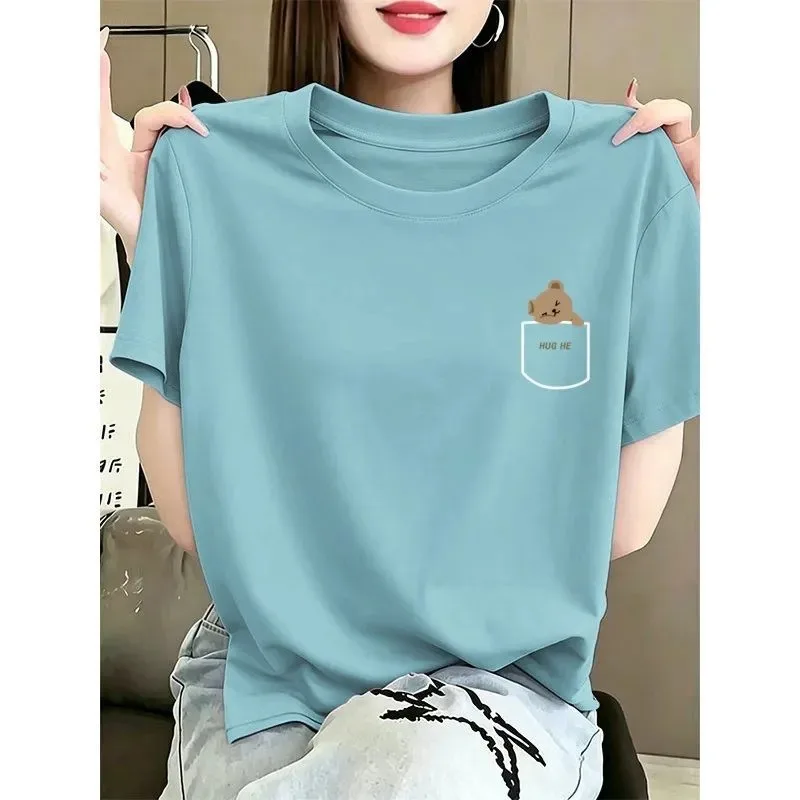 Women Cotton Short Sleeve T Shirt Cute Pocket Bear Print Loose Fit Plus Size Daily Casual Top