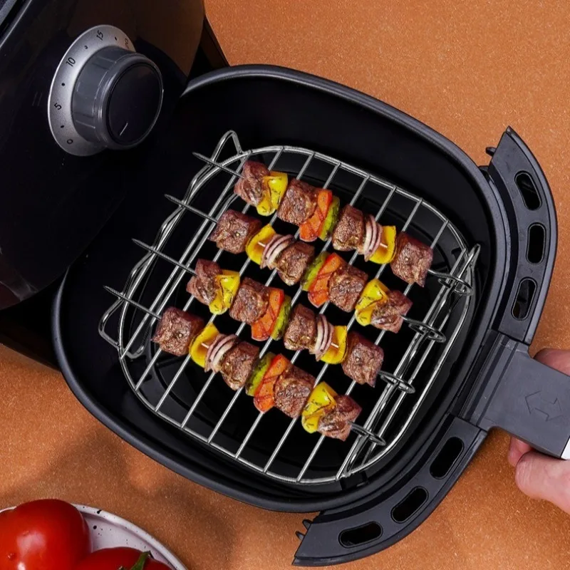 Juego de parrilla para exteriores con brochetas, freidora de aire cuadrada, vaporera, soporte de barbacoa de acero inoxidable