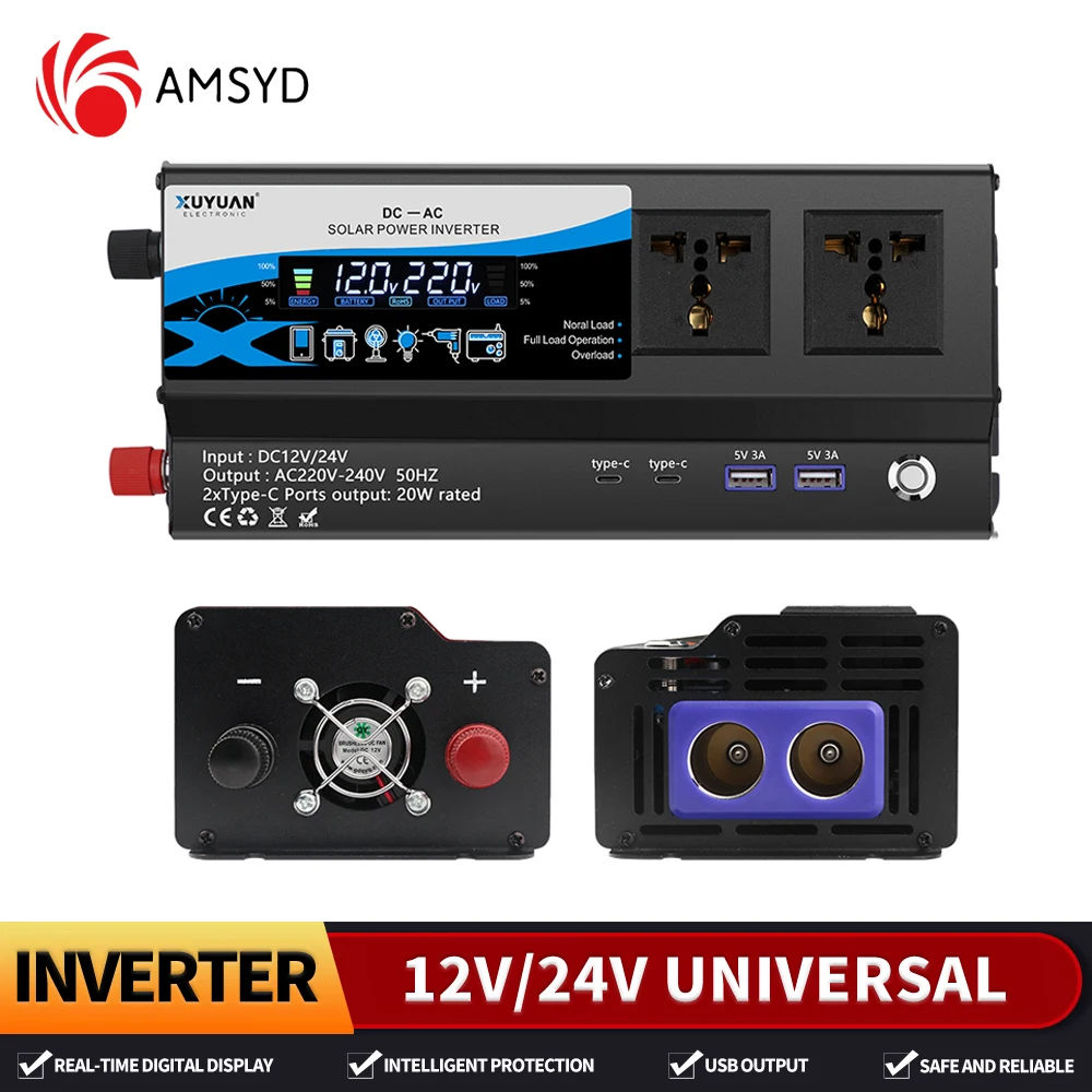 Inverter 12V/24V 110V 900W 1400W 2000W DC-AC Power Supply Voltage Converter Car Mounted Inverter Colorful Atmosphere Light US