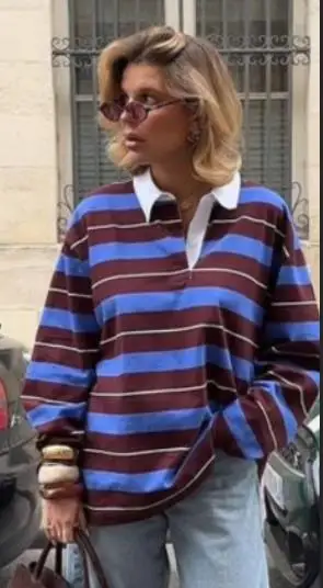 Camiseta informal para mujer, Tops de manga larga a rayas con cuello vuelto, Tops de manga larga para mujer, Tops informales cómodos para otoño